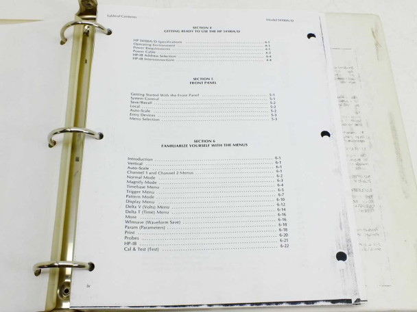 Table of Contents pages 4–5 showing Sections 4 through 6: getting ready, front panel, familiarize yourself with menus