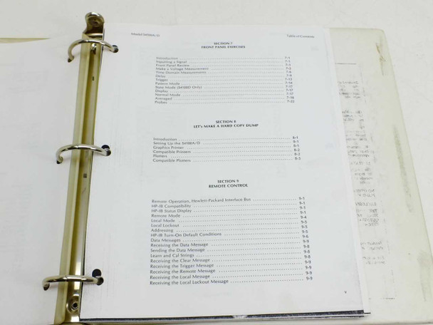Table of Contents pages showing Sections 7–9: front panel exercises, hard copy dump, remote control