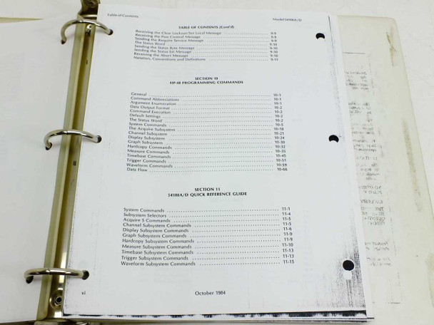 Table of Contents continuation showing Section 10 HP-IB programming commands and Section 11 quick reference guide; October 1984 date visible at bottom