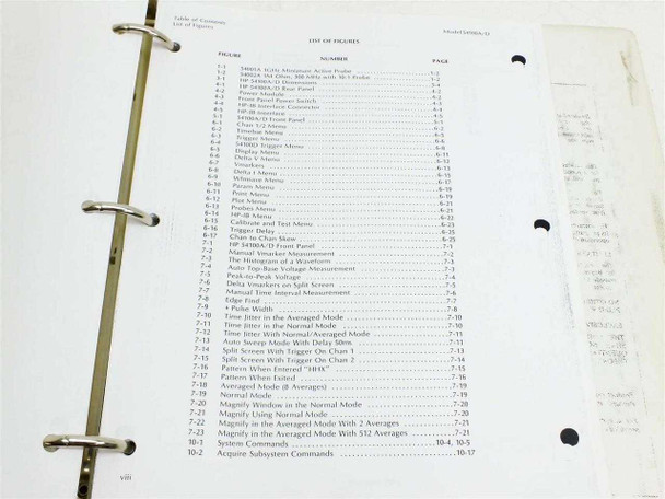 List of Figures pages showing figures 1-1 through 7-26 covering oscilloscope front panel, menus, trigger, waveform and acquire subsystem commands