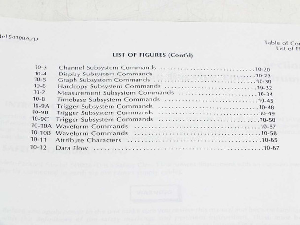 List of Figures continued showing figures 10-1 through 10-12 covering channel, display, graph, hardcopy, measurement, timebase, trigger, waveform subsystem commands