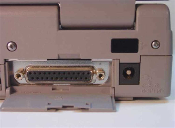 Toshiba Tecra 750CDM rear showing DB-25 parallel port and DC power input jack (DC IN 15V)