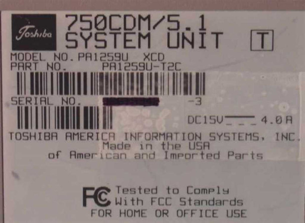 Toshiba Tecra 750CDM bottom label showing model 750CDM/5.1, part number PA1259U-T2C, DC 15V 4.0A, Made in USA