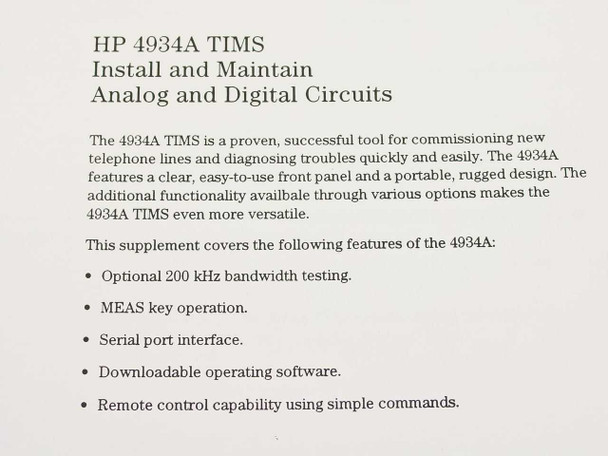 HP 4934A TIMS manual interior page listing supplement topics: 200 kHz bandwidth testing, MEAS key, serial port, downloadable software, remote control