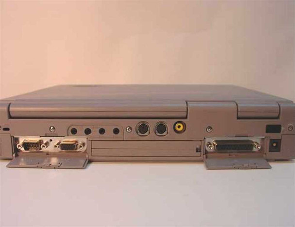 Toshiba Tecra 750CDT rear panel view showing serial port, audio jacks, S-Video, composite video, and parallel port