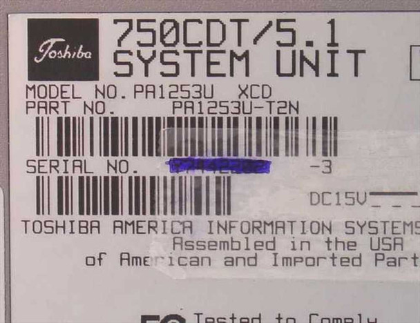 Toshiba Tecra 750CDT bottom label showing model PA1253U XCD, part number PA1253U-T2N, DC 15V, assembled in USA
