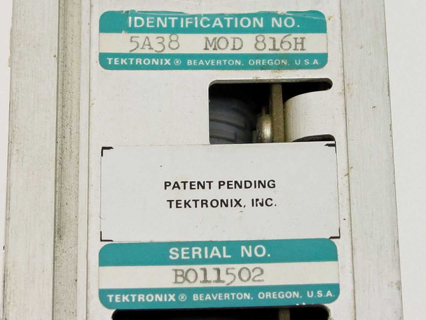 Tektronix 5A38 MOD 816H identification label and serial number label on module side – Beaverton Oregon USA