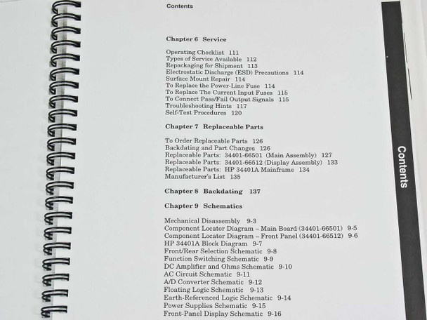 HP 34401A Service Guide contents page showing Chapter 6 Service, Chapter 7 Replaceable Parts, Chapter 8 Backdating, Chapter 9 Schematics