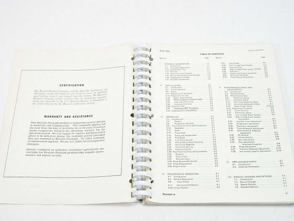 HP 182C manual interior — certification and warranty page alongside full table of contents, Revision A notation visible