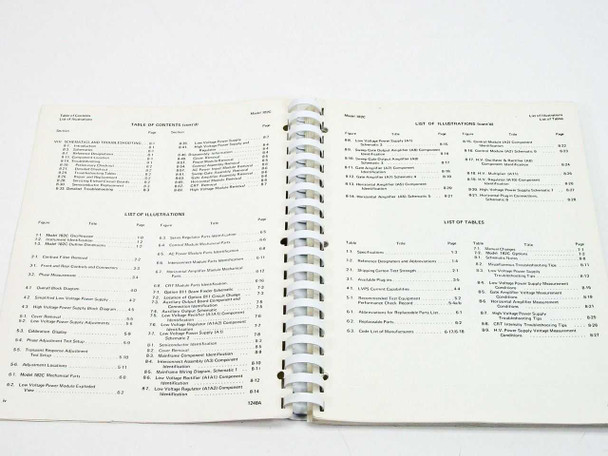 HP 182C manual interior spread — table of contents continued, list of illustrations, and list of tables pages