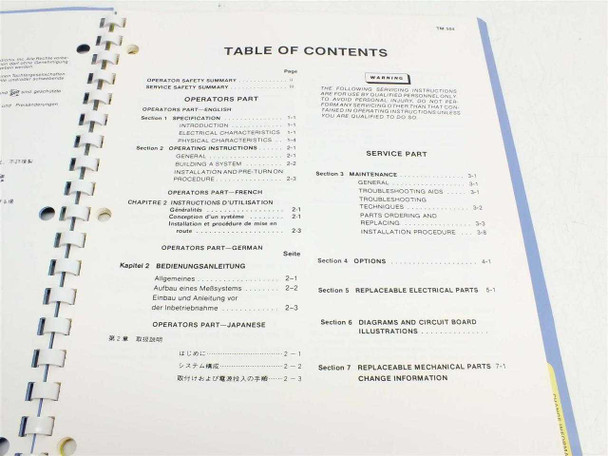 Tektronix TM504 Instruction Manual table of contents showing Operators Part, Service Part, Options, and Replaceable Parts sections in English, French, German, and Japanese