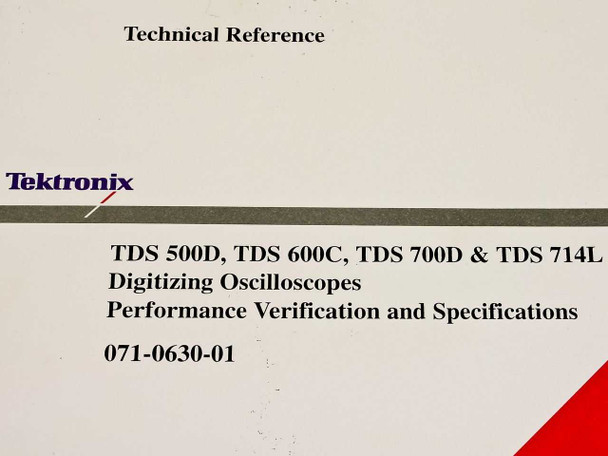 Tektronix TDS500D TDS600C TDS700D TDS714L Technical Reference — close-up of cover showing title, publication number 071-0630-01, and Tektronix logo