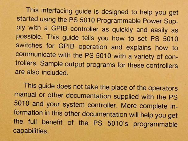 Interior page of Tektronix PS5010 Interfacing Guide showing introductory text describing GPIB setup, switch configuration, and sample controller programs
