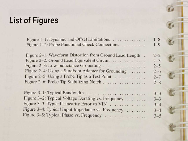 Tektronix P6245 Instruction Manual list of figures page showing bandwidth, voltage derating, and impedance figure references