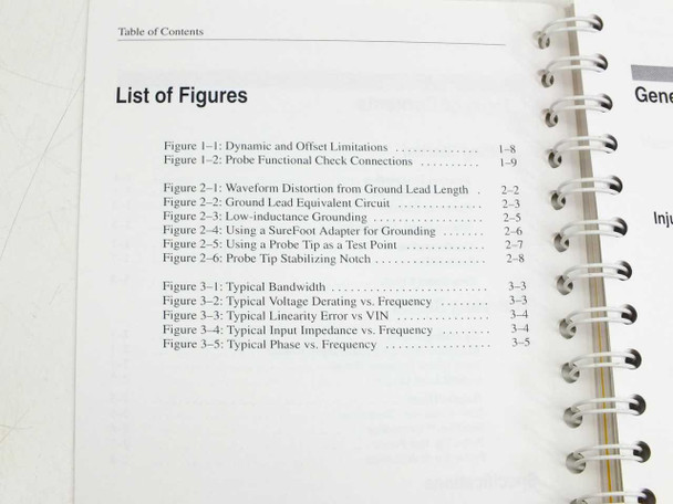 Tektronix P6245 Instruction Manual interior list of figures page alongside adjacent pages showing spiral binding
