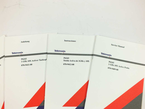 Tektronix P6243 German Anleitung (070-9411-00), Spanish Instrucciones (070-9412-00), and Service Manual (070-9409-00) booklets arranged together
