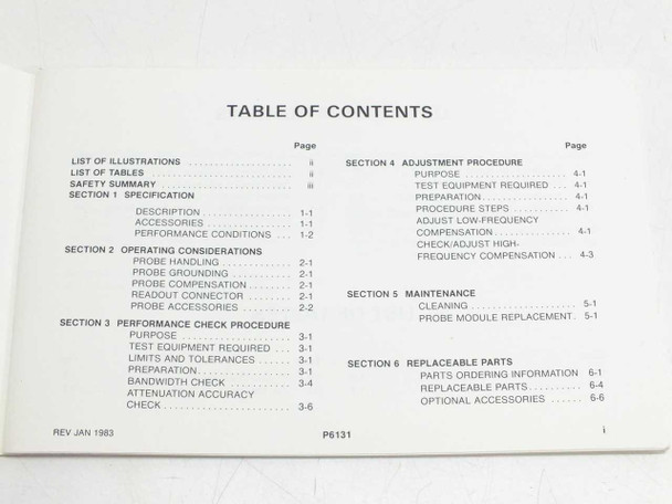 Tektronix P6131 Instruction Manual table of contents page with Rev Jan 1983 revision date visible