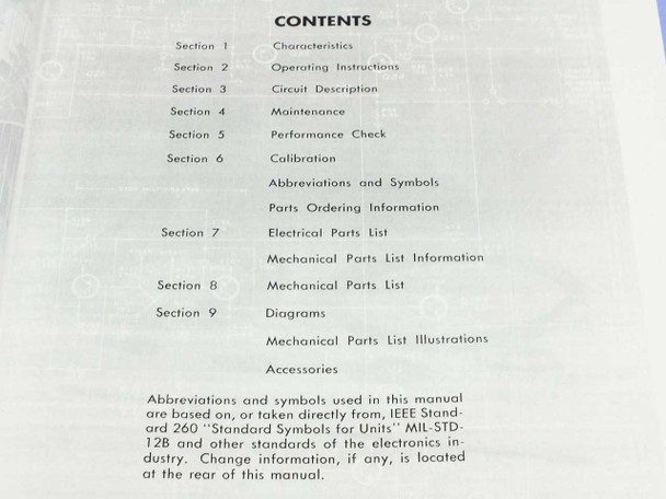 Tektronix P6042 Probe Instruction Manual — table of contents page listing sections including Characteristics, Operating Instructions, Circuit Description, Maintenance, Performance Check, Calibration, Parts Lists, and Diagrams