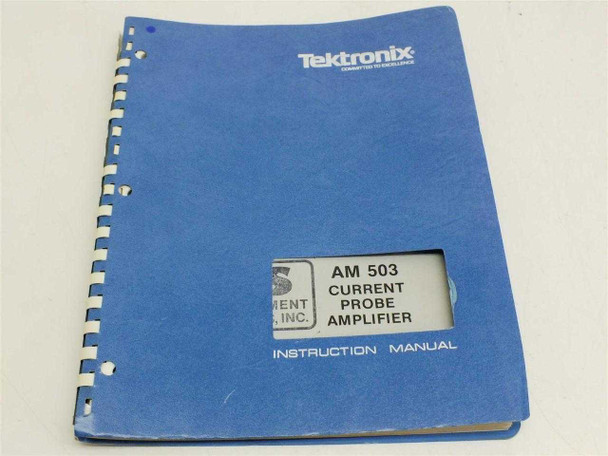Tektronix AM503 Current Probe Amplifier Instruction Manual — blue comb-bound cover with Tektronix logo and title label