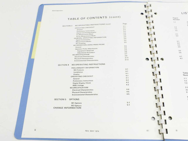 Tektronix 7D12 Operators Manual – Table of Contents continued showing Sections 3 through 5 including Options and Change Information, Rev. May 1974