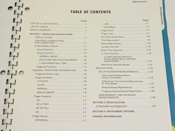 Tektronix 7B85 Instruction Manual — Table of Contents page showing section headings and page numbers