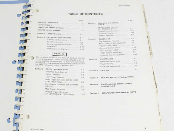 Tektronix 7B53A 7B53AN manual – Table of Contents showing sections including Operating Instructions, Theory of Operation, Calibration, Maintenance, and Parts