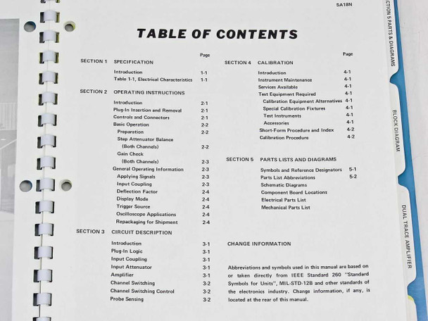 Tektronix 5A18N Instruction Manual – table of contents showing all five sections