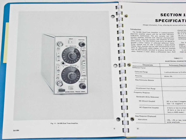 Tektronix 5A18N Instruction Manual – Section 1 Specification page with electrical characteristics table and plug-in illustration