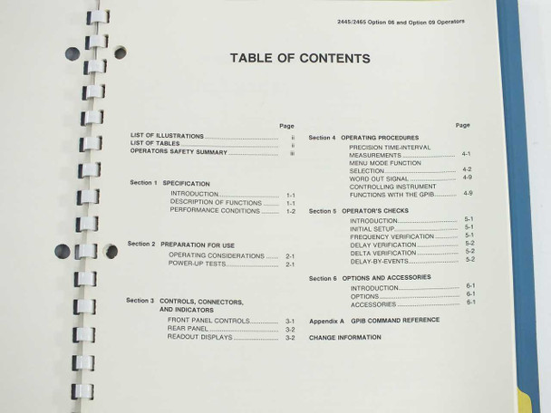 Tektronix 2445 2465 Option 06 09 manual Table of Contents showing all six sections and GPIB appendix