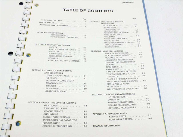 Tektronix 2445 Operators Manual — table of contents page showing sections 1 through 7 and appendix