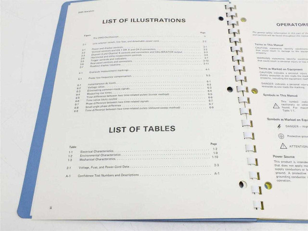 Tektronix 2445 Operators Manual — list of illustrations and list of tables, open spread view
