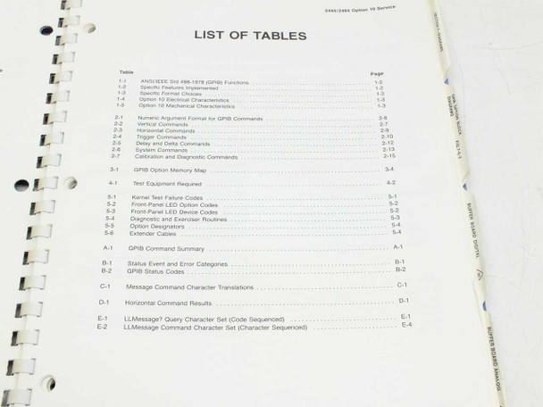 Tektronix 2445 2465 Option 10 GPIB Service Manual — list of tables page showing ANSI/IEEE GPIB functions, GPIB commands, and calibration/diagnostic command tables