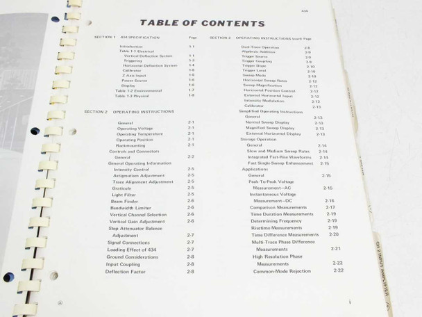 Tektronix 434 Instruction Manual – table of contents showing EM specifications and operating instructions sections