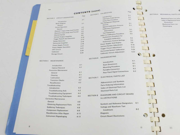 Tektronix 434 Instruction Manual – contents continued, showing circuit description, maintenance, calibration, and backmounting sections