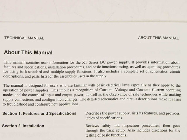 Xantrex TM-6000-XN Technical Manual – About This Manual page describing contents and section overview