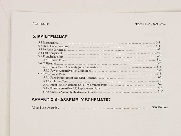 Xantrex XT Series Technical Manual – table of contents showing section 5 maintenance and Appendix A assembly schematic