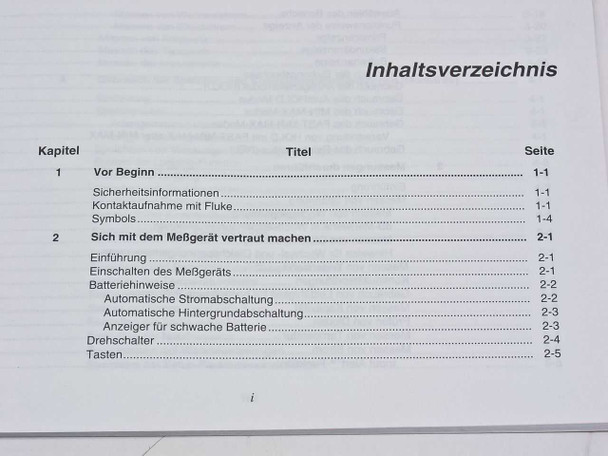 Fluke 87 89 Series IV Bedienungs-Handbuch – table of contents page (Inhaltsverzeichnis), chapters 1 and 2, German text
