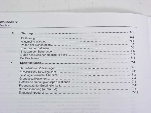 Fluke 87 89 Series IV German manual – table of contents showing chapters 6 and 7, maintenance and specifications sections