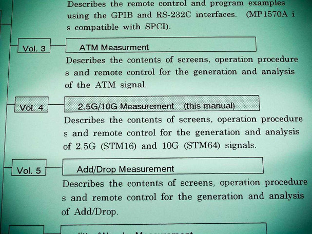 Anritsu MP1570A Operation Manual Vol. 4 – interior table of contents page listing volumes including Vol. 4 2.5G/10G Measurement