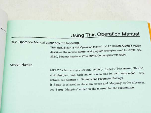 Anritsu MP1570A Operation Manual Vol.2 interior page — Using This Operation Manual section describing GPIB, RS-232C, and Ethernet remote control coverage