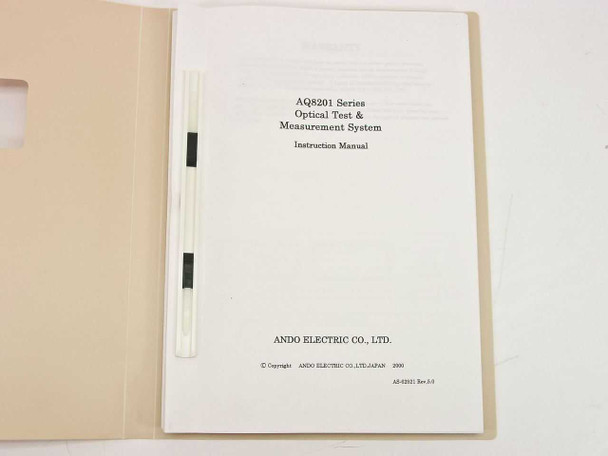 Ando AQ8201 Series Instruction Manual – title page open showing copyright 2000 Ando Electric Co., Ltd. Japan and revision AE-82I1 Rev 3.0
