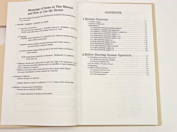 Ando AQ8201 Instruction Manual – table of contents pages showing System Overview and Before Starting System Operation sections