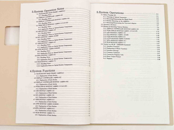 Ando AQ8201 Instruction Manual – table of contents showing System Operation Notes and System Functions chapters with module listings