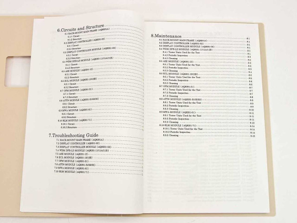 Ando AQ8201 Instruction Manual – table of contents showing Circuits and Structure, Troubleshooting Guide, and Maintenance chapters