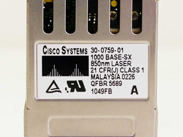 Cisco Systems 30-0759-01 label closeup showing 1000 BASE-SX, 850nm laser, Class 1, Malaysia, QFBR 5689