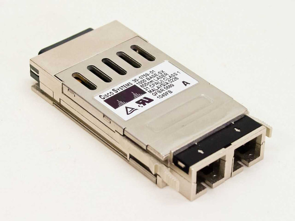 Cisco Systems 30-0759-01 GBIC 1000BASE-SX fiber module — front angled view showing label and SC duplex ports