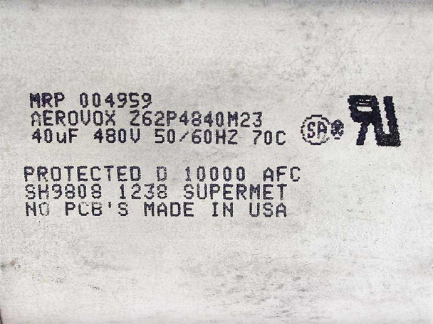Aerovox Z62P4840M23 capacitor label — showing MRP 004959, 40uF 480V 50/60Hz 70C, SUPERMET, Protected D 10000 AFC, Made in USA