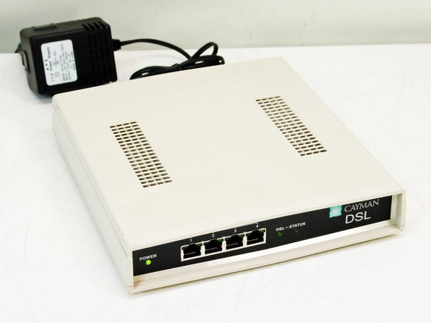 Cayman 3220-H DSL Router front three-quarter view showing front panel with 4 LAN 10BT ports and DSL-Status indicator, with APS power supply alongside