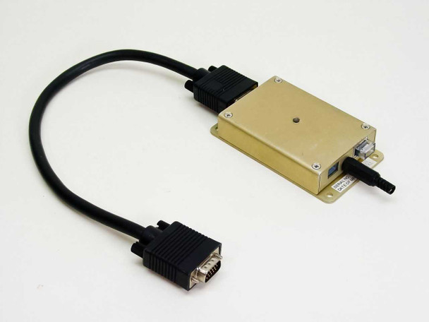 Custom 15-pin VGA video adapter box with attached DB-15 cable — angled front view showing gold aluminum enclosure