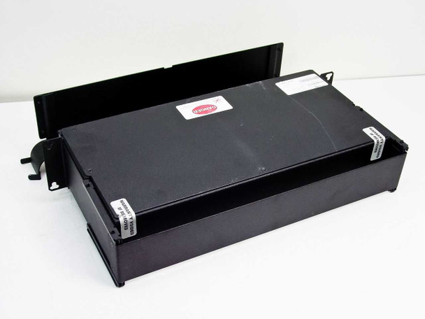 Corning EHS1AA6C06C01132 fiber coupler shelf top and side view showing black rackmount enclosure with hinged lid open